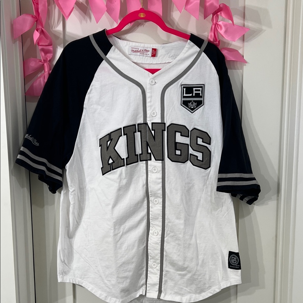 Mitchell & Ness White and Black LA Kings Baseball Jersey